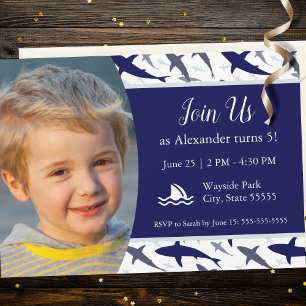 Invitation Blue Shark Motif avec photo Boy Anniversaire Party