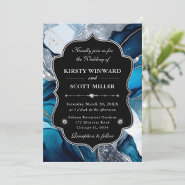 Invitation Blue Silver Agate Marble Glitter Wedding