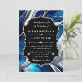 Invitation Blue Silver Agate Marble Glitter Wedding