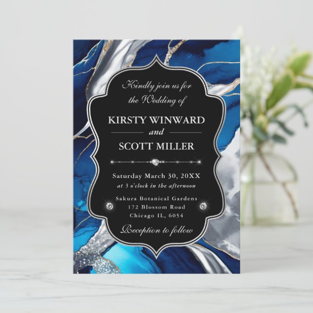 Invitation Blue Silver Agate Marble Glitter Wedding (Debout devant)