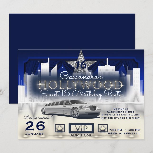 Invitation Blue Silver City Night Lights Limo Hollywood Party (Devant / Derrière)