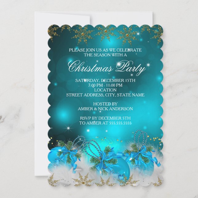 Invitation Blue Silver & Gold Holly Baubles Noël Party 2 (Devant)