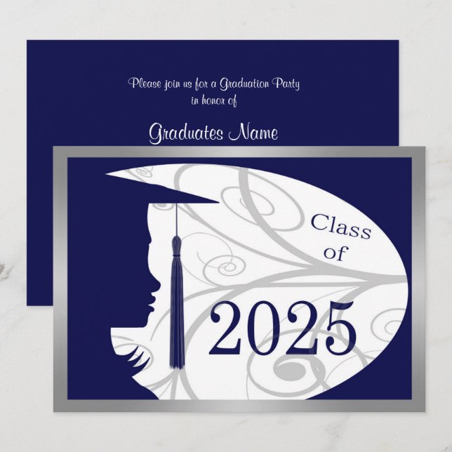 Invitation Blue & Silver Silhouette 2025 Graduation Party (Devant / Derrière)