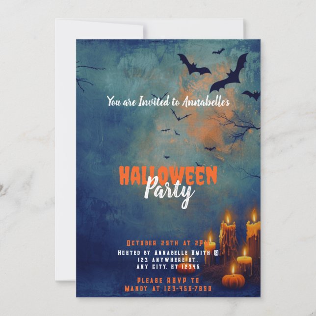 Invitation Blue Sky Bats Bougies Citrouille Halloween Party (Devant)