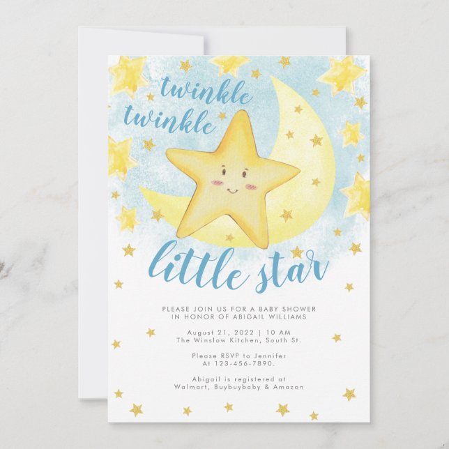 Invitation Blue Smiling Gold Twinkle Little Star Baby shower (Devant)