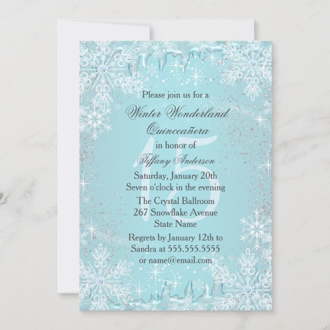 Invitation Blue Snowflake Winter Wonderland Quinceanera (Devant)