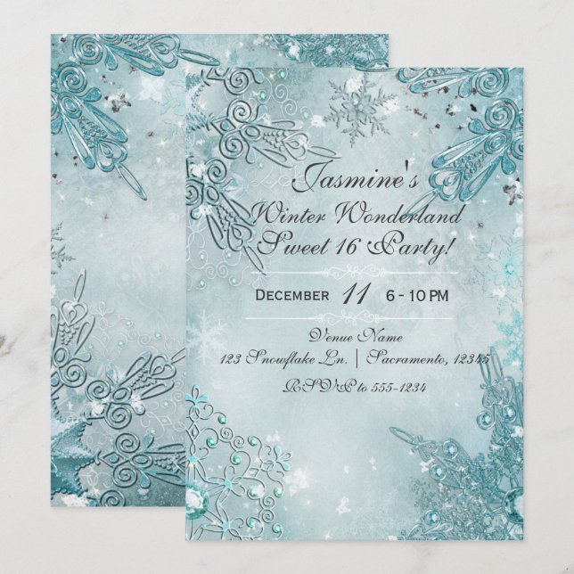 Invitation Blue Snowflakes Winter Wonderland (Devant / Derrière)