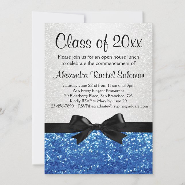 Invitation Blue Sparkle-look Bow Graduation/fête (Devant)