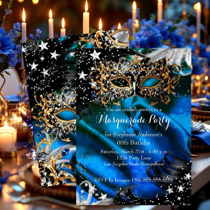 Invitation Blue Sparkle Magique Nuit Masquerade Party