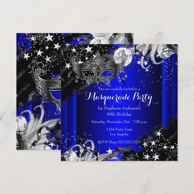 Invitation Blue Sparkle Magique Nuit Masquerade Party (Devant / Derrière)