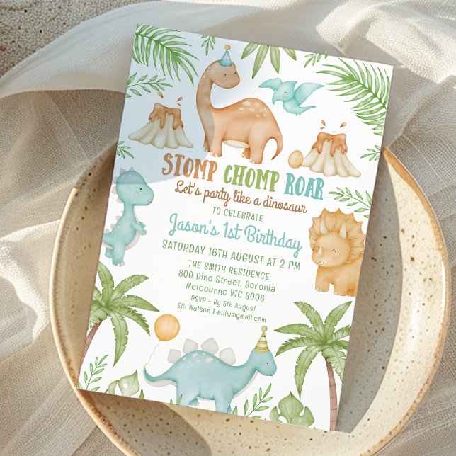 Invitation Blue Stomp Chomp Roar Party Comme Dinosaur Anniver (Cute Boys Dinosaur Themed Birthday Invitation Stomp Chomp Roar Party Like Dinosaur 1st Birthday)