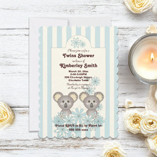 Invitation Blue Stripe Cute Koala Twin Boy Baby shower
