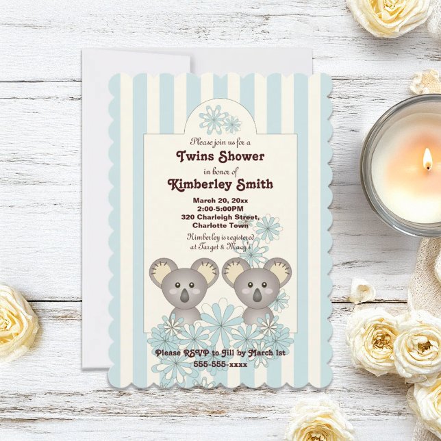 Invitation Blue Stripe Cute Koala Twin Boy Baby shower (Créateur téléchargé)