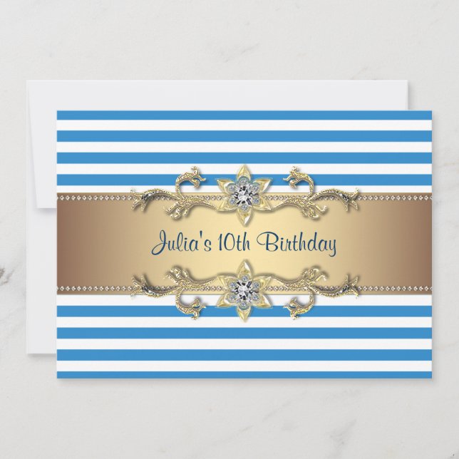 Invitation Blue Stripe Gold Flowers 10e anniversaire Invitati (Devant)