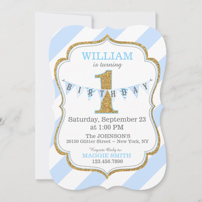 Invitation Blue Stripe Gold Parties scintillant premier anniv (Devant)