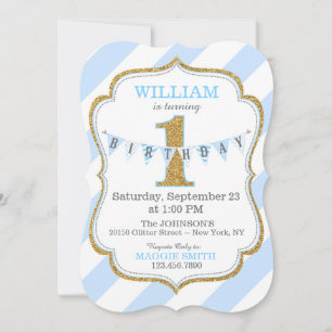 Invitation Blue Stripe Gold Parties scintillant premier anniv
