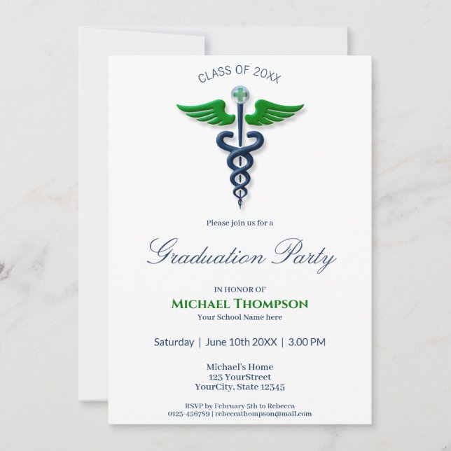 Invitation Blue Stylish Médicale Caduceus Green Wings Cross (Devant)