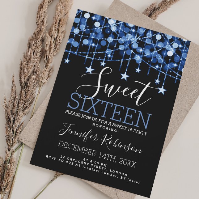 Invitation Blue Sweet 16 Anniversaire Éclairage à cordes (Blue Sweet 16 Birthday Sparkly String Lights Invitation)