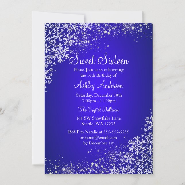 Invitation Blue Sweet 16 Winter Wonderland Sparkle Snowflakes (Devant)