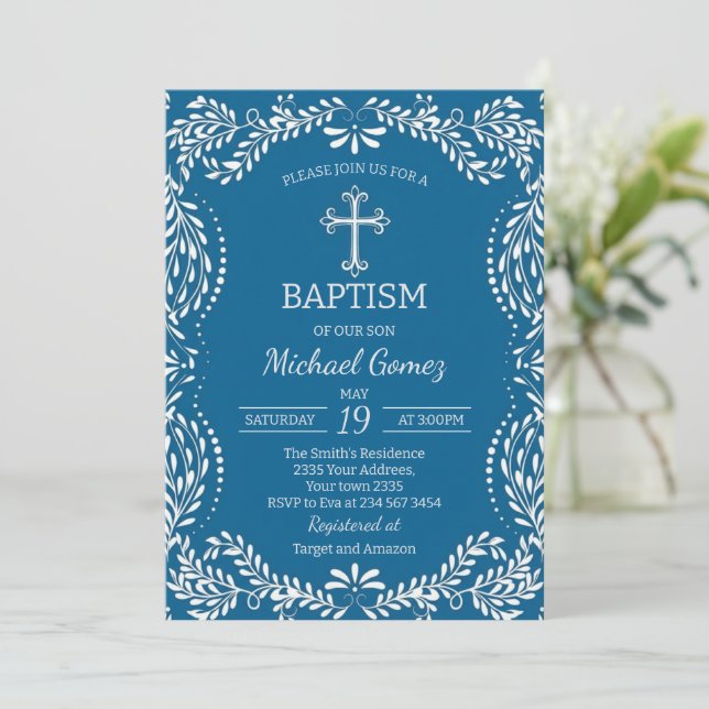 Invitation Blue Talavera Tile Spanish Fiesta Baptism (Debout devant)