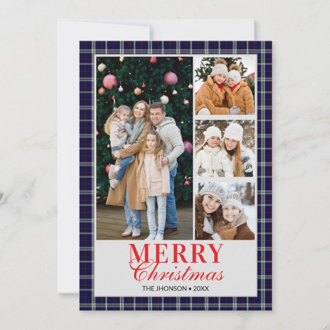 Invitation Blue Tartan Preppy Christmas Photo Collage Holiday (Devant)