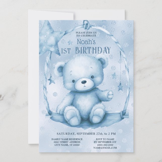 Invitation Blue Teddy Bear 1er anniversaire (Devant)