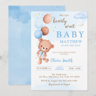 Invitation Blue Teddy Bear Balloons Boy Baby shower