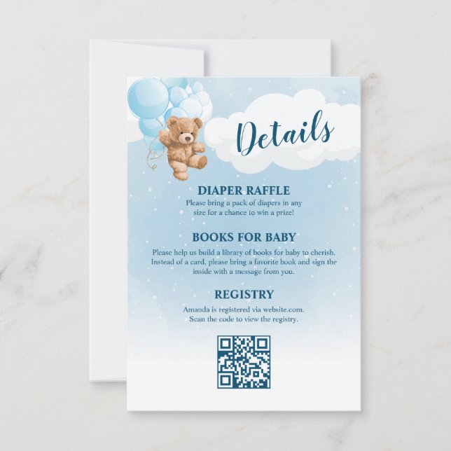 Invitation Blue Teddy Bear Détails du Baby shower (Devant)