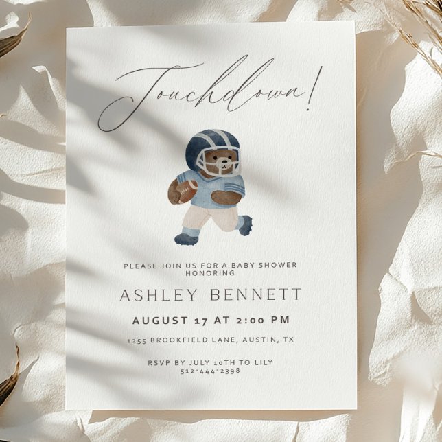 Invitation Blue Teddy bear Touchdown Football Baby Shower (Créateur téléchargé)