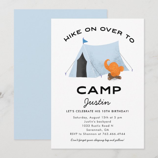 Invitation Blue Tent Camping Fête d'anniversaire (Devant / Derrière)