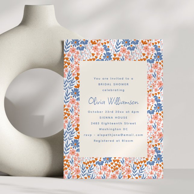Invitation Blue Terracotta Orange Folk Floral Bridal Shower (Créateur téléchargé)