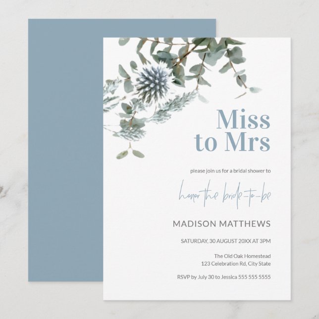 Invitation Blue Thistle Botanical Miss à Mme Fête des mariées (Devant / Derrière)