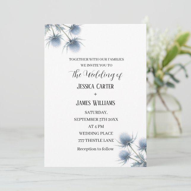 Invitation Blue Thistle Scottish Scotland Simple Wedding (Debout devant)
