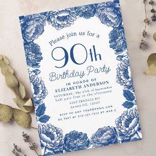 Invitation Blue Toile De Jouy Floral 90e Anniversaire