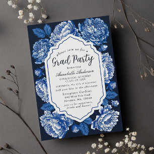 Invitation Blue Toile De Jouy Peony Classy Graduation Party