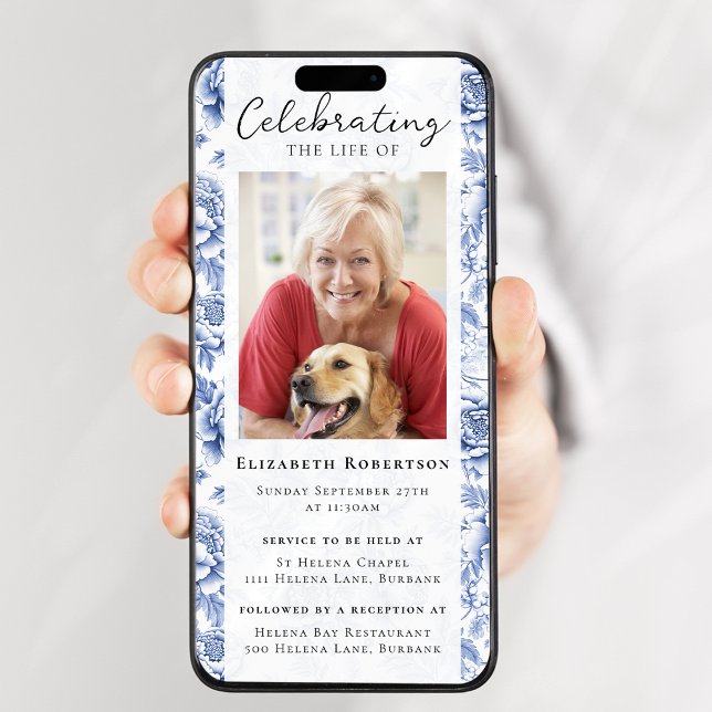 Invitation Blue Toile Floral Photo Funérailles Digital Evite (Créateur téléchargé)