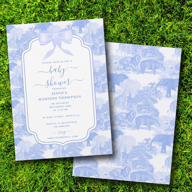 Invitation Blue Toile Safari Animaux Chinoiserie Baby shower (Blue Toile Safari Animals Chinoiserie Baby Shower Invitation)