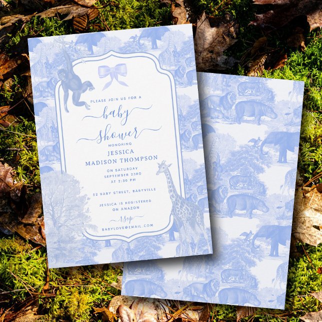 Invitation Blue Toile Safari Animaux Chinoiserie Baby shower (Blue Toile Safari Animals Chinoiserie Baby Shower Invitation)