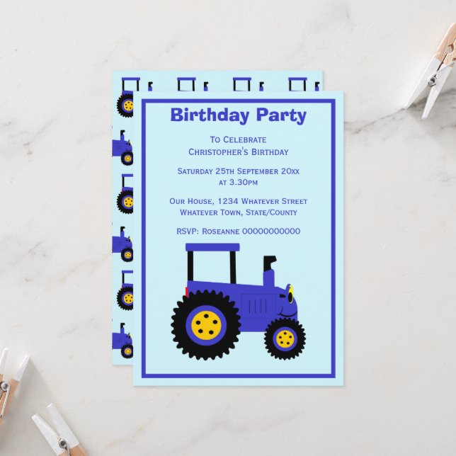 Invitation Blue Tractor Design Personalised Birthday Party (Devant/Arrière en situation)