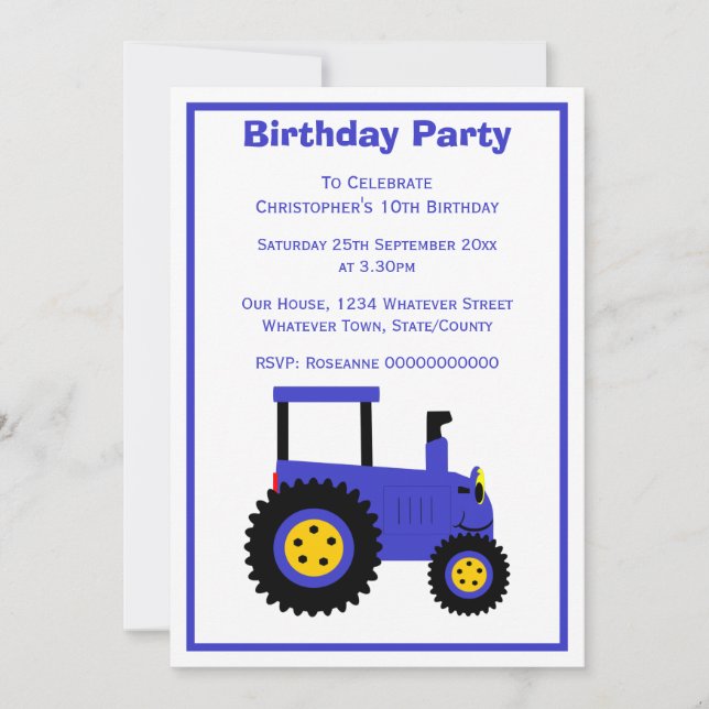 Invitation Blue Tractor Design Personalised Birthday Party (Devant)
