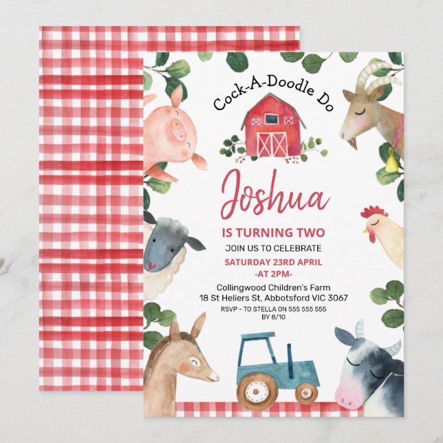 Invitation Blue Tractor Red Plaid Farm Farmyard Anniversaire (Devant / Derrière)