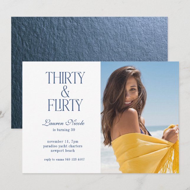 Invitation Blue Trente & Flirty Typographie Photo 30 Annivers (Devant / Derrière)