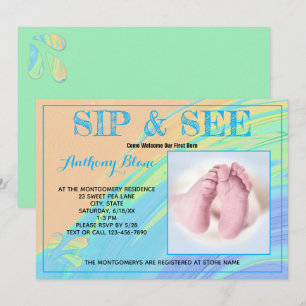 Invitation Blue Trim Pastel Sip Abstrait et voir Photo person