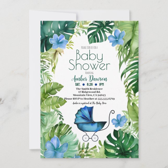 Invitation Blue Tropical Jungle Carriage for Boys Baby shower (Devant)