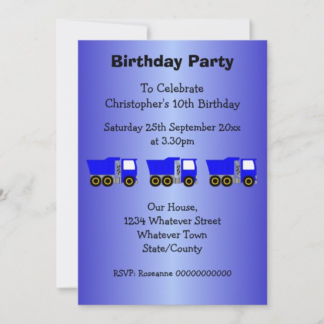 Invitation Blue Truck Design Boy's Birthday Party (Devant)