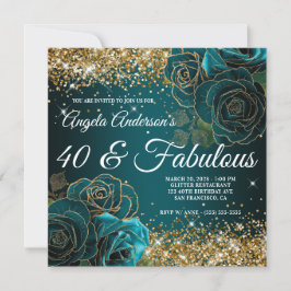 Invitation Blue Turquoise Floral Gold Parties scintillant Gla