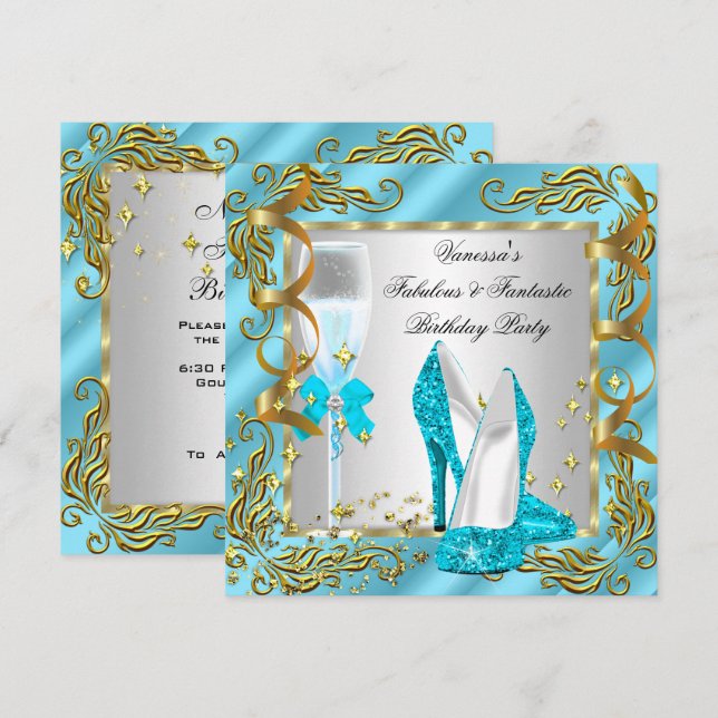 Invitation Blue Turquoise Gold Silver Fête d'anniversaire des (Devant / Derrière)