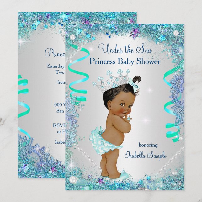 Invitation Blue Under the Sea Princess Baby shower Ethnique (Devant / Derrière)