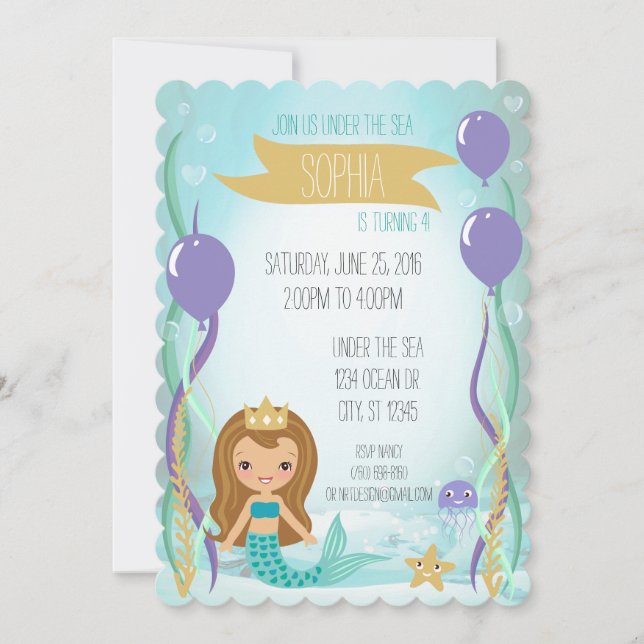 Invitation Blue Underwater Mermaid Princess Brown (Devant)