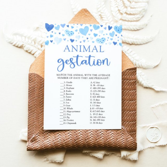 Invitation Blue Valentine Baby shower Animal Gestation Jeu (Watercolor Cute Blue Hearts Valentine Sweetheart February Boy Animal Gestation Baby Baby Shower Game)